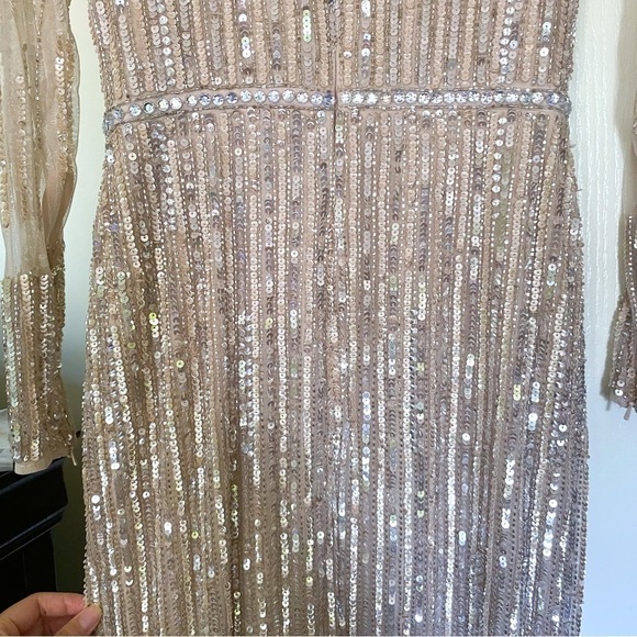 FAIR Mac Duggal Gown Sequined Illusion High-Neck Long-Sleeve Trumpet Rose Gold 2 - Picture 10 of 11